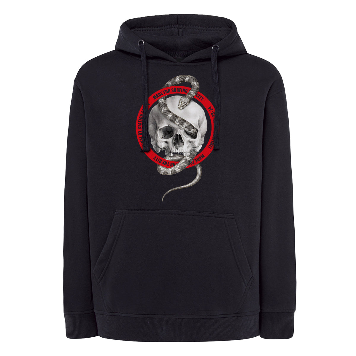 Sudadera SWEART color AZUL NY con  calavera y serpiente realista vista frontal